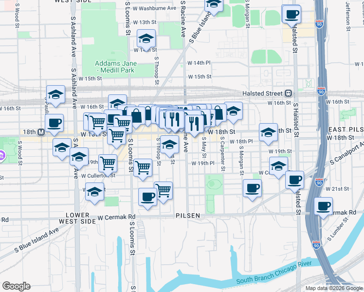 map of restaurants, bars, coffee shops, grocery stores, and more near 1813 South Allport Street in Chicago