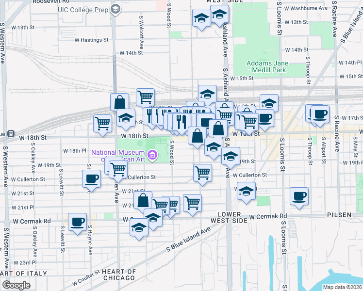 map of restaurants, bars, coffee shops, grocery stores, and more near 1747 West 18th Street in Chicago