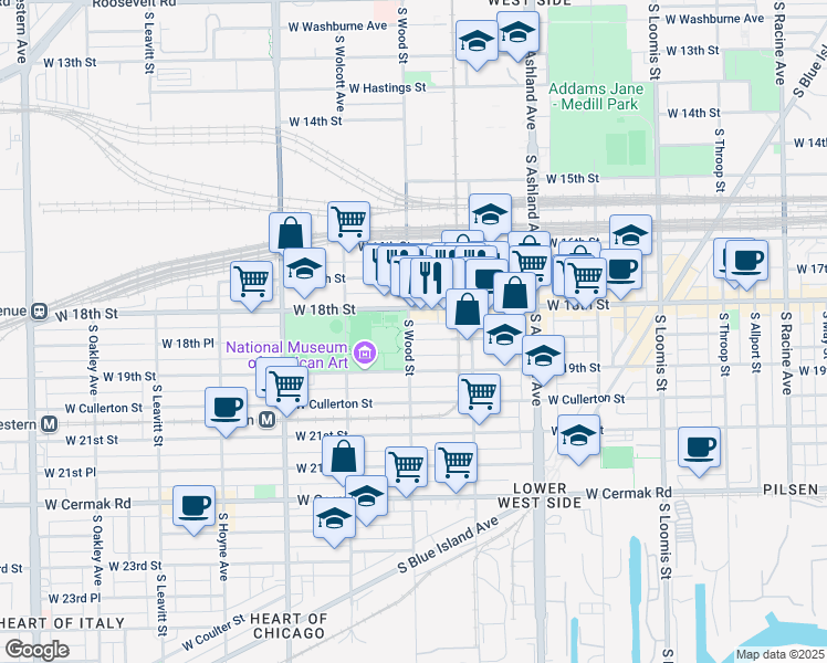map of restaurants, bars, coffee shops, grocery stores, and more near 1747 West 18th Street in Chicago