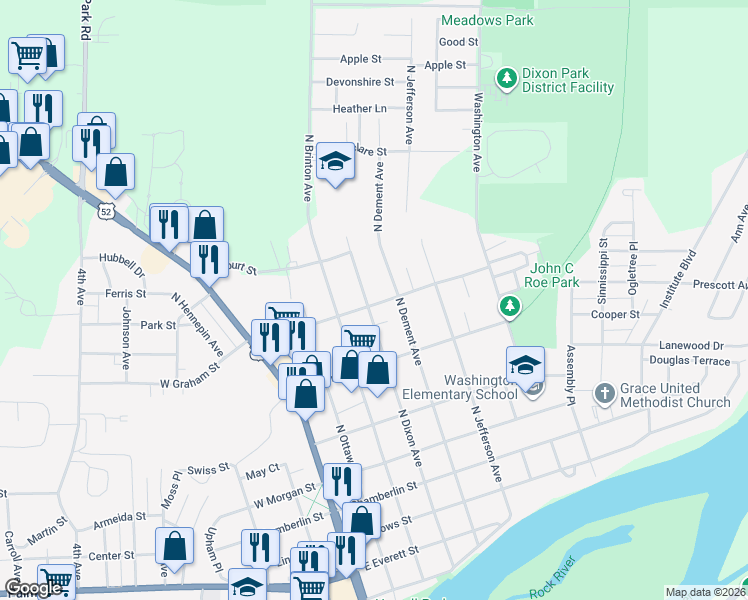 map of restaurants, bars, coffee shops, grocery stores, and more near 914 North Dixon Avenue in Dixon