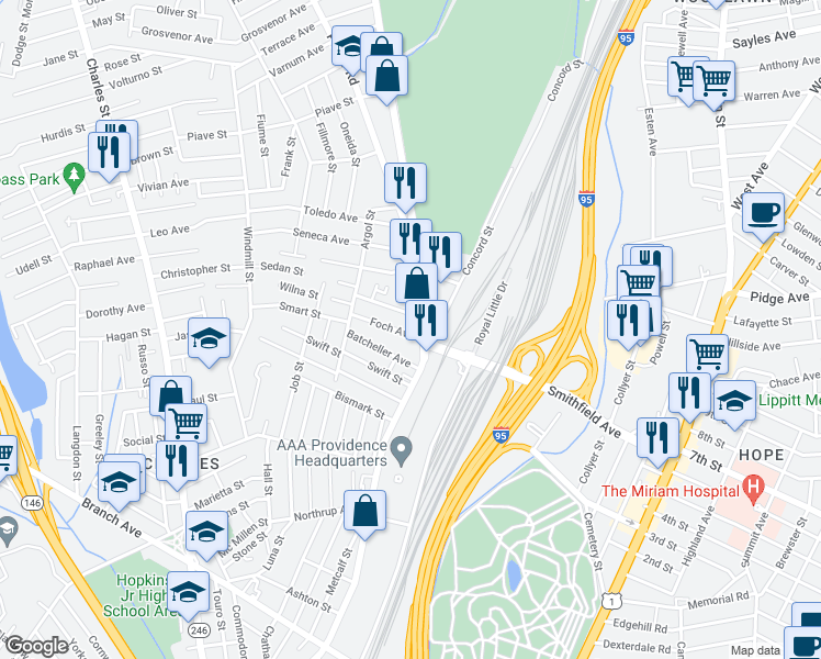 map of restaurants, bars, coffee shops, grocery stores, and more near 32 Nellie Street in Providence