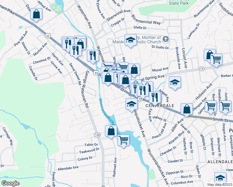 map of restaurants, bars, coffee shops, grocery stores, and more near in North Providence
