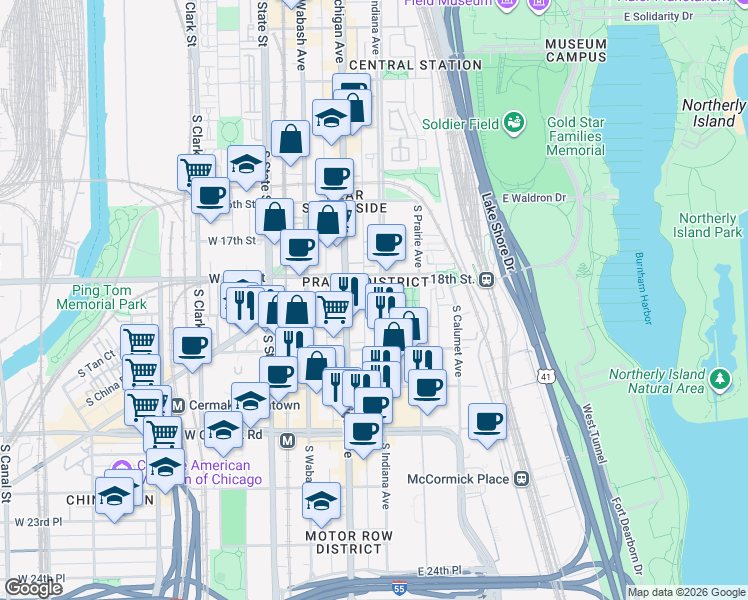 map of restaurants, bars, coffee shops, grocery stores, and more near in Chicago