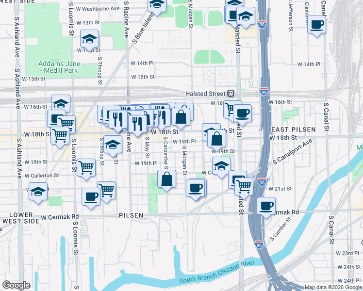 map of restaurants, bars, coffee shops, grocery stores, and more near 1020 West 18th Place in Chicago