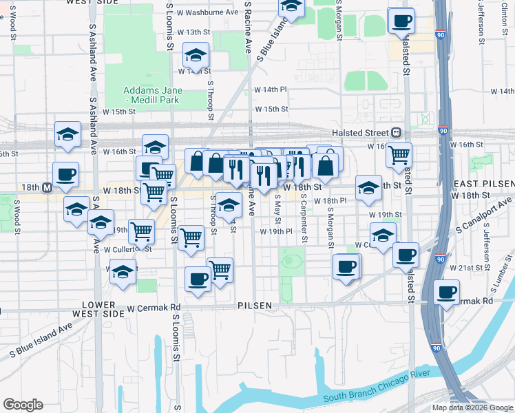 map of restaurants, bars, coffee shops, grocery stores, and more near 1157 West 18th Street in Chicago