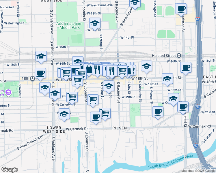 map of restaurants, bars, coffee shops, grocery stores, and more near 1309 West 18th Street in Chicago