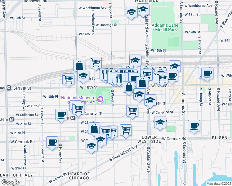 map of restaurants, bars, coffee shops, grocery stores, and more near 1747 West 18th Street in Chicago