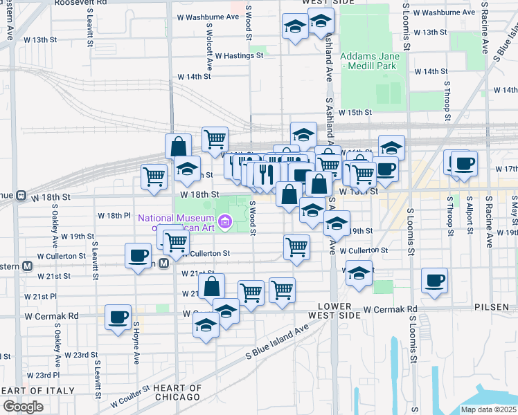 map of restaurants, bars, coffee shops, grocery stores, and more near 1747 West 18th Street in Chicago