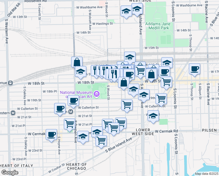 map of restaurants, bars, coffee shops, grocery stores, and more near 1747 West 18th Street in Chicago