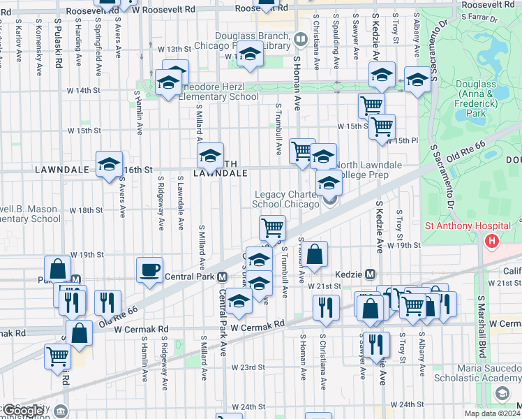 map of restaurants, bars, coffee shops, grocery stores, and more near 1651 South Saint Louis Avenue in Chicago
