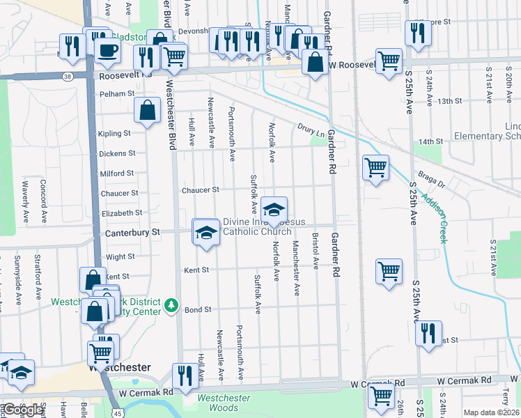 map of restaurants, bars, coffee shops, grocery stores, and more near 1516 Norfolk Avenue in Westchester