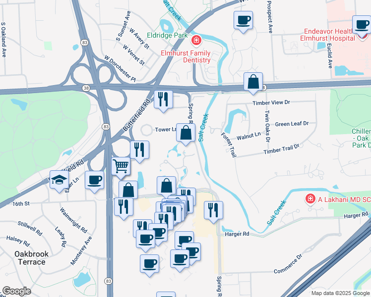 map of restaurants, bars, coffee shops, grocery stores, and more near 1S. 150 Spring Road in Oakbrook Terrace