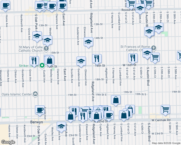 map of restaurants, bars, coffee shops, grocery stores, and more near 1611 Elmwood Avenue in Berwyn
