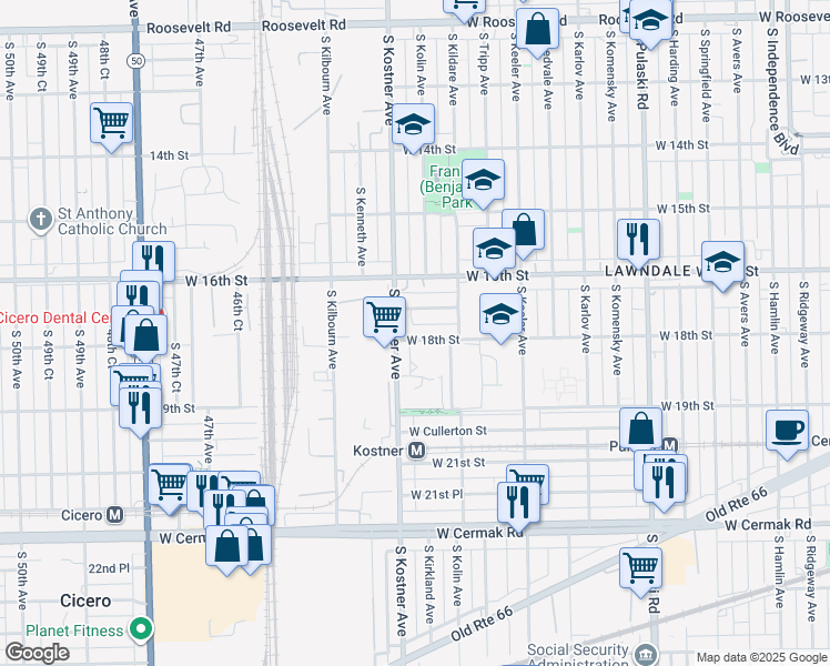 map of restaurants, bars, coffee shops, grocery stores, and more near 4342 West 18th Street in Chicago