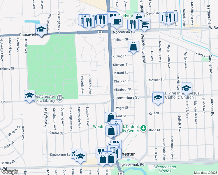 map of restaurants, bars, coffee shops, grocery stores, and more near 1524 South Mannheim Road in Westchester