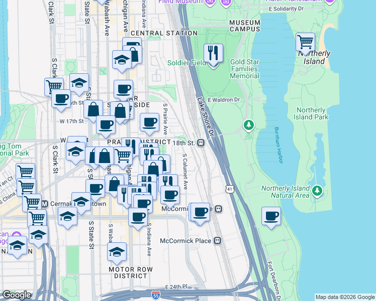 map of restaurants, bars, coffee shops, grocery stores, and more near 1841 South Calumet Avenue in Chicago
