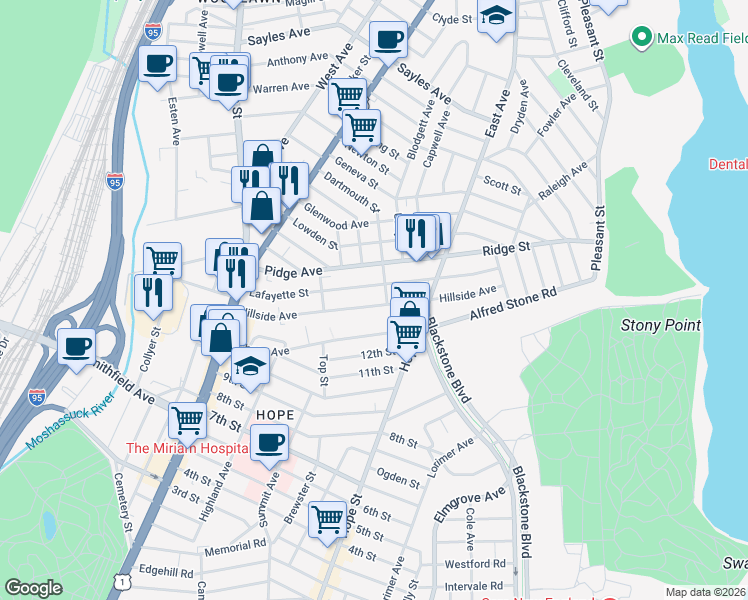 map of restaurants, bars, coffee shops, grocery stores, and more near 136 Hillside Avenue in Pawtucket