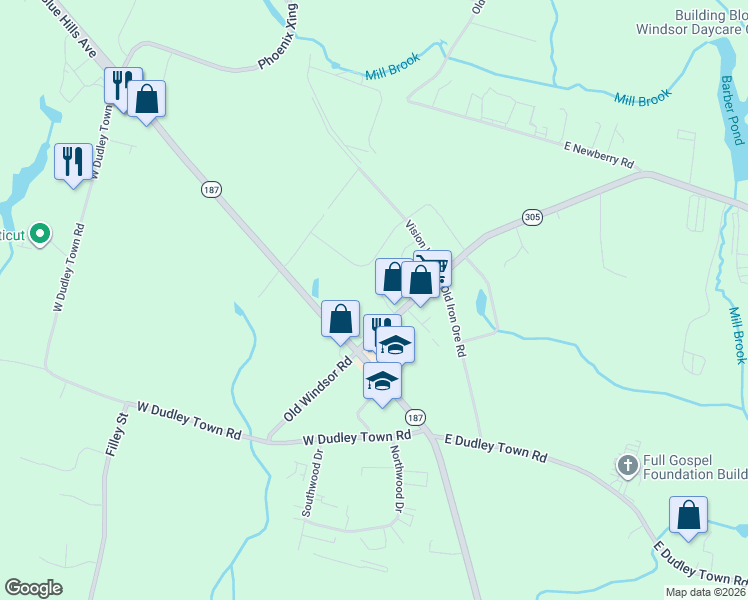 map of restaurants, bars, coffee shops, grocery stores, and more near 6-10 Old Windsor Road in Bloomfield