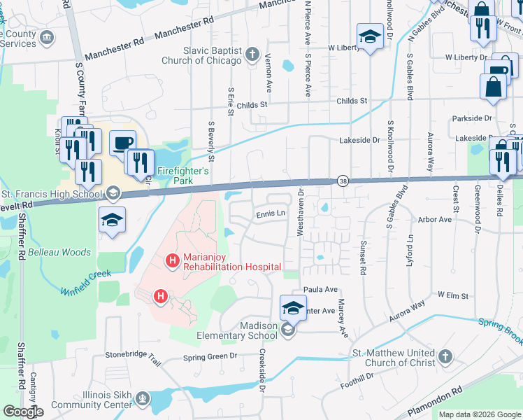 map of restaurants, bars, coffee shops, grocery stores, and more near 1776 Grosvenor Circle in Wheaton