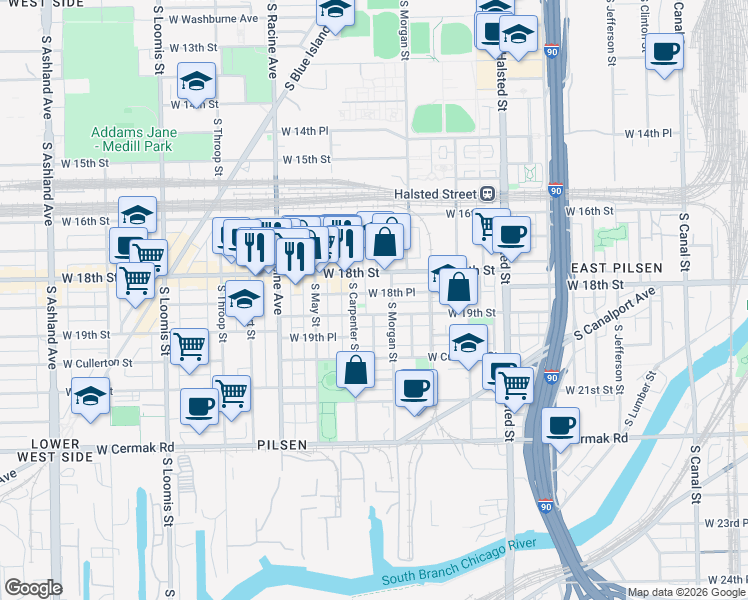 map of restaurants, bars, coffee shops, grocery stores, and more near 1020 West 18th Place in Chicago