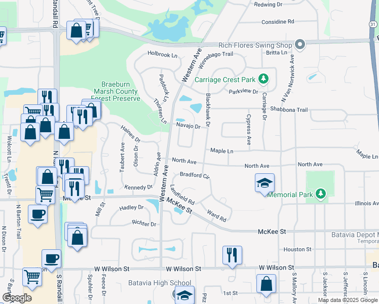 map of restaurants, bars, coffee shops, grocery stores, and more near 1232 Creek Lane in Batavia
