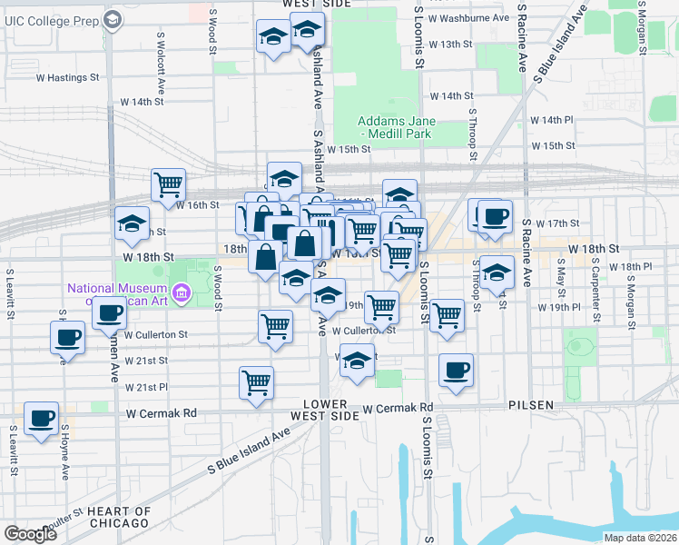 map of restaurants, bars, coffee shops, grocery stores, and more near 1725 South Ashland Avenue in Chicago