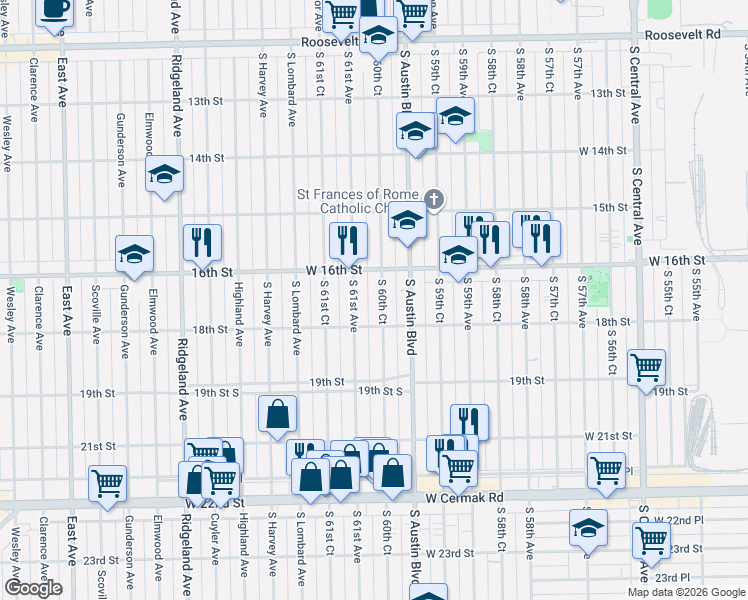 map of restaurants, bars, coffee shops, grocery stores, and more near 1616 South 60th Court in Cicero