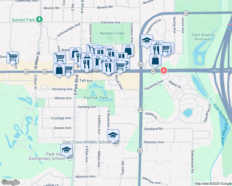 map of restaurants, bars, coffee shops, grocery stores, and more near 80 Waters Edge Court in Glen Ellyn