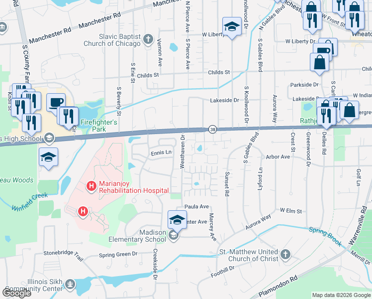 map of restaurants, bars, coffee shops, grocery stores, and more near 1667 Grosvenor Circle in Wheaton