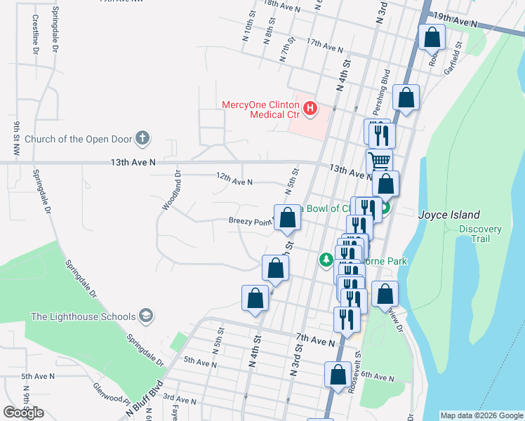 map of restaurants, bars, coffee shops, grocery stores, and more near 1106 North 5th Street in Clinton