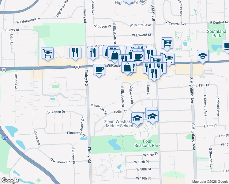 map of restaurants, bars, coffee shops, grocery stores, and more near 1317 South Finley Road in Lombard