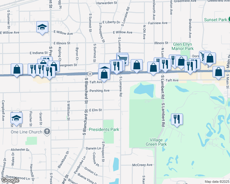 map of restaurants, bars, coffee shops, grocery stores, and more near 1720 Pershing Avenue in Wheaton