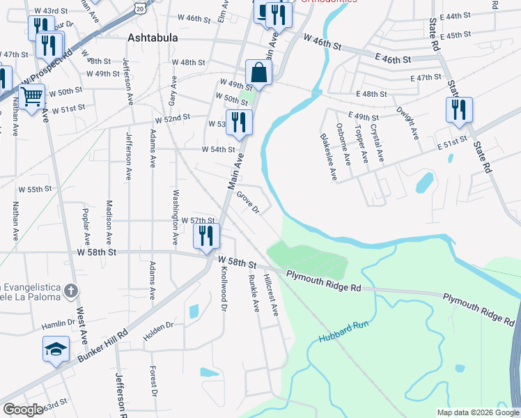 map of restaurants, bars, coffee shops, grocery stores, and more near 107 Grove Drive in Ashtabula