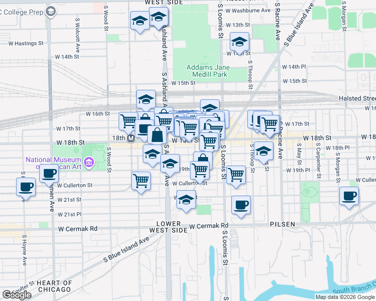 map of restaurants, bars, coffee shops, grocery stores, and more near 1502 West 18th Street in Chicago