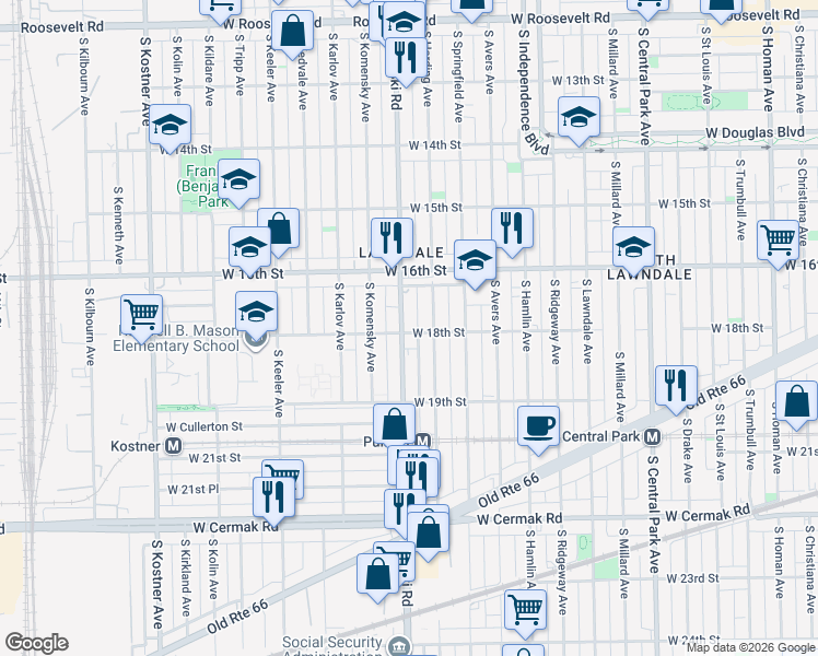 map of restaurants, bars, coffee shops, grocery stores, and more near 1659 South Pulaski Road in Chicago