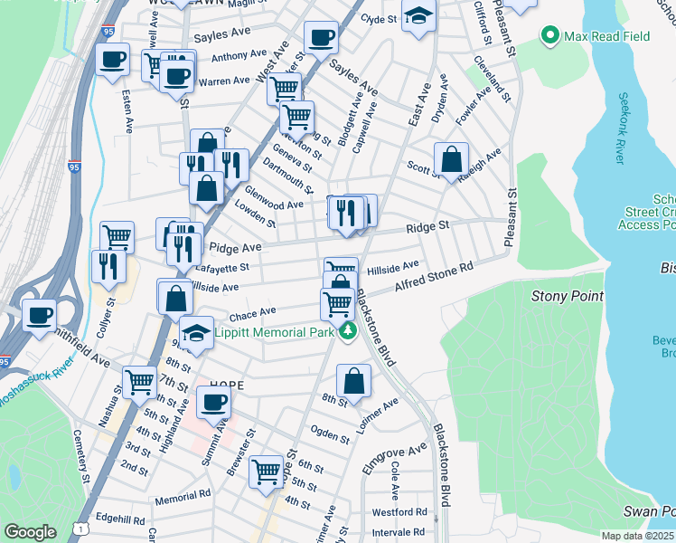 map of restaurants, bars, coffee shops, grocery stores, and more near 132 Lafayette Street in Pawtucket