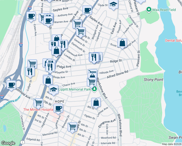 map of restaurants, bars, coffee shops, grocery stores, and more near 132 Lafayette Street in Pawtucket