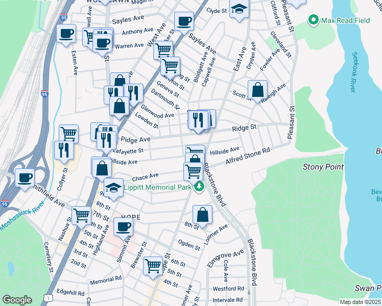 map of restaurants, bars, coffee shops, grocery stores, and more near 132 Lafayette Street in Pawtucket