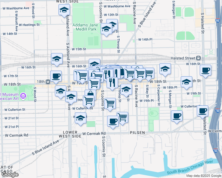 map of restaurants, bars, coffee shops, grocery stores, and more near 1327 West 18th Street in Chicago