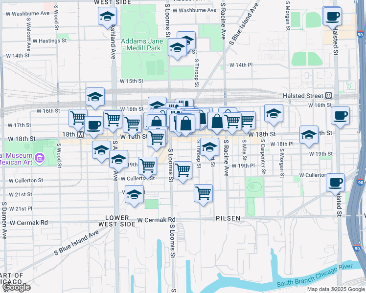 map of restaurants, bars, coffee shops, grocery stores, and more near 1327 West 18th Street in Chicago