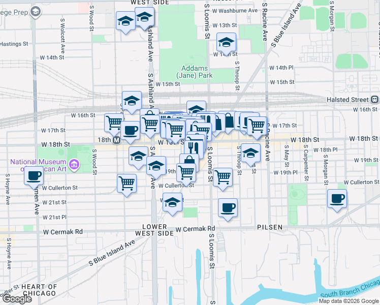 map of restaurants, bars, coffee shops, grocery stores, and more near 1443 West 18th Street in Chicago