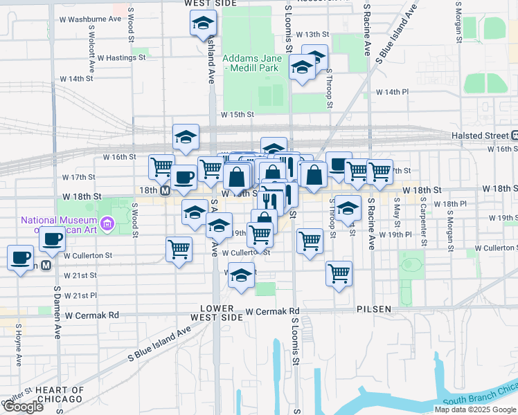 map of restaurants, bars, coffee shops, grocery stores, and more near 1443 West 18th Street in Chicago