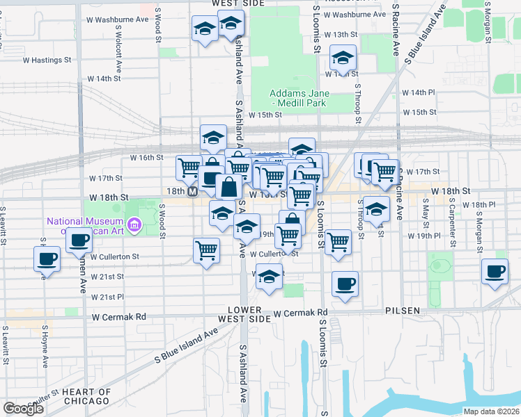 map of restaurants, bars, coffee shops, grocery stores, and more near 1502 West 18th Street in Chicago