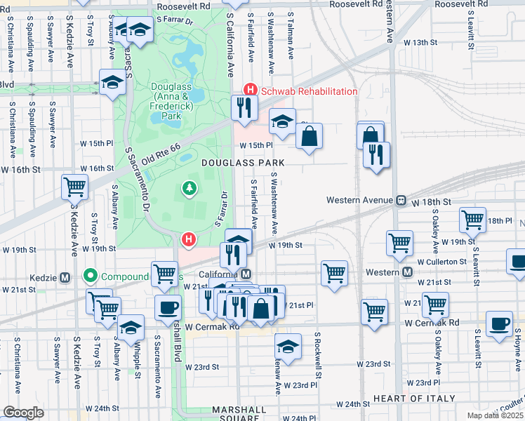 map of restaurants, bars, coffee shops, grocery stores, and more near 2734 West 18th Street in Chicago