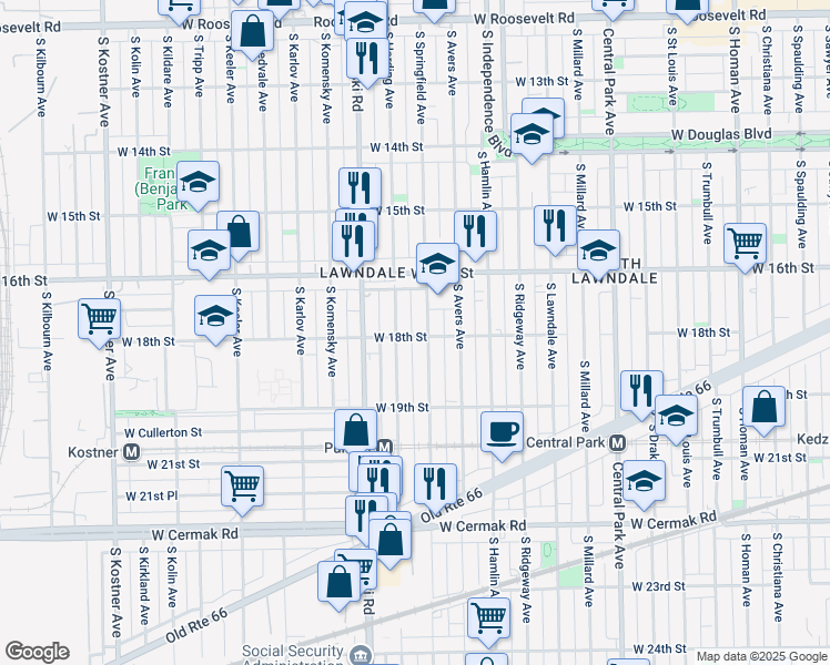 map of restaurants, bars, coffee shops, grocery stores, and more near 1646 South Springfield Avenue in Chicago