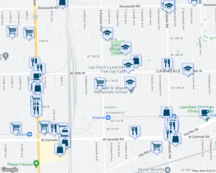 map of restaurants, bars, coffee shops, grocery stores, and more near 4329 West 17th Street in Chicago