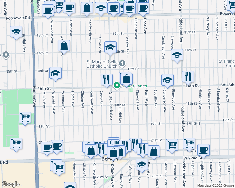 map of restaurants, bars, coffee shops, grocery stores, and more near 6716 16th Street in Berwyn