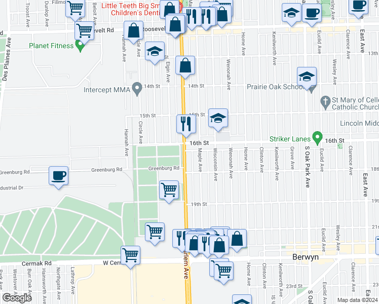 map of restaurants, bars, coffee shops, grocery stores, and more near 22 South Harlem Avenue in Forest Park