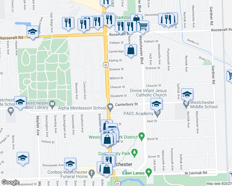 map of restaurants, bars, coffee shops, grocery stores, and more near 10317 Chaucer Street in Westchester