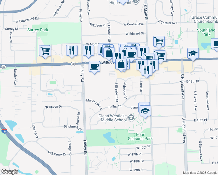 map of restaurants, bars, coffee shops, grocery stores, and more near 1317 South Finley Road in Lombard